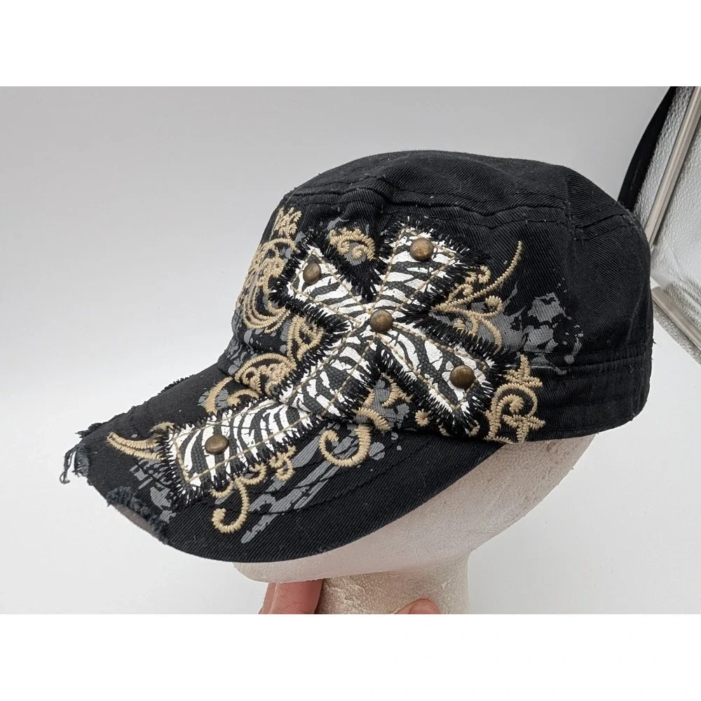 KBETHOS Black Distressed Cadet Hat Zebra Cross Studded Military Cap Adjustable